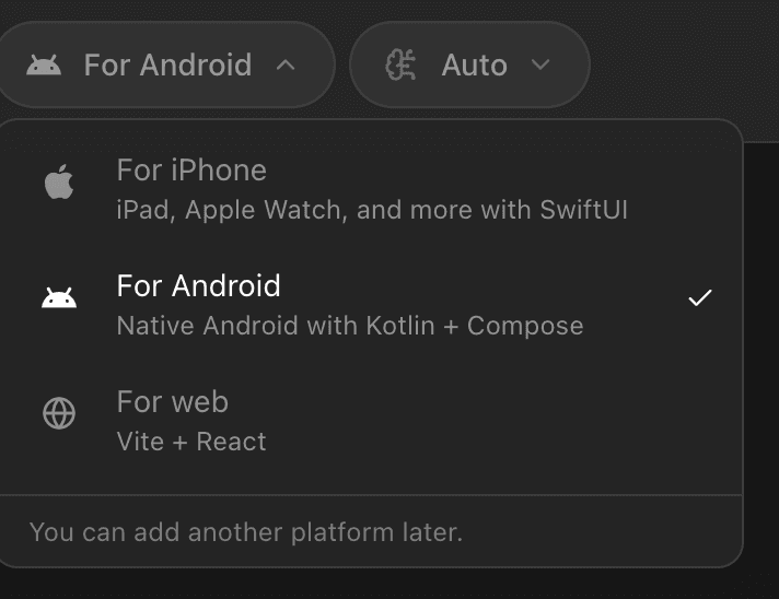 The Rork platform menu open on For Android, native Android with Kotlin and Compose