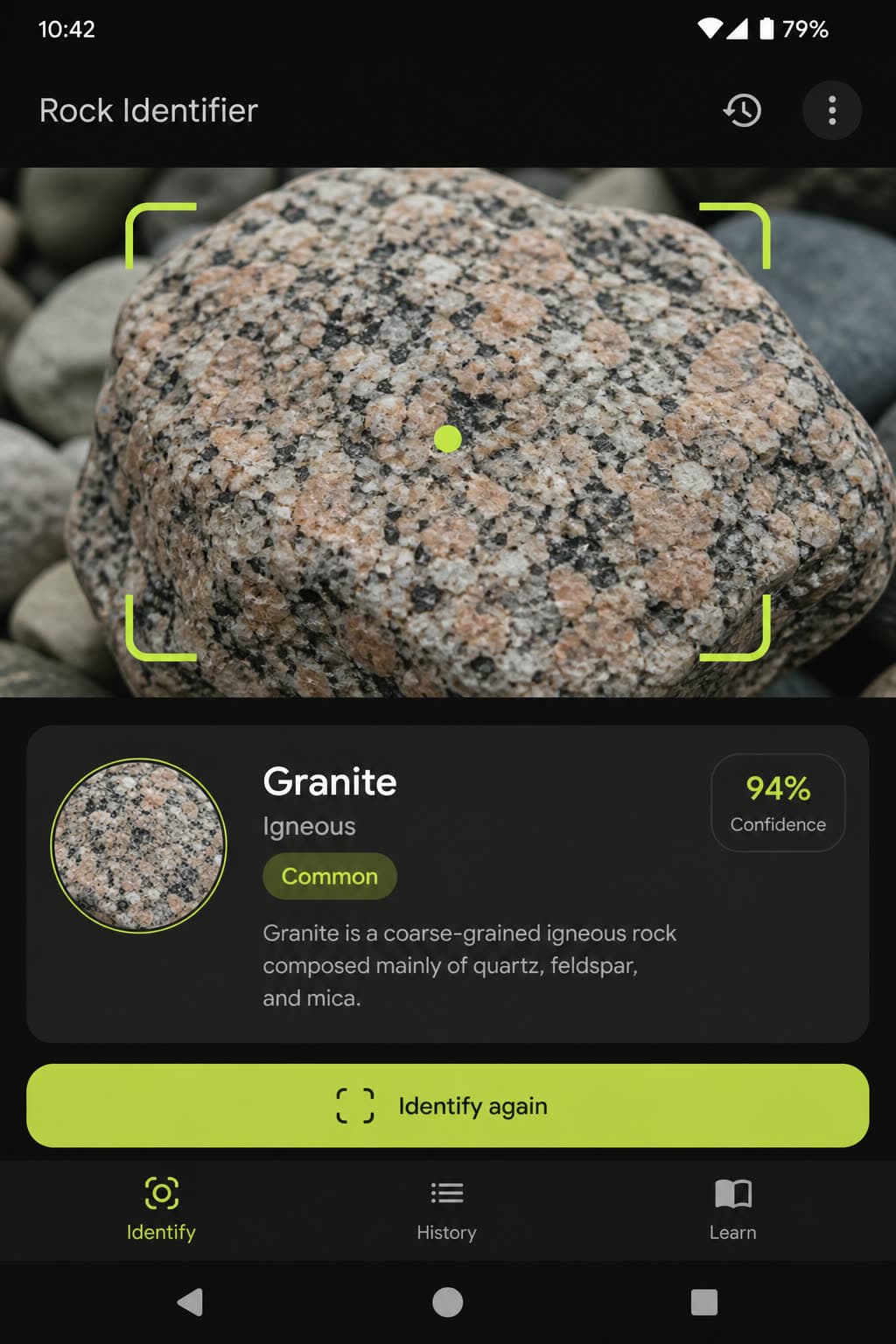 Android rock identifier screen with a camera view and a granite result