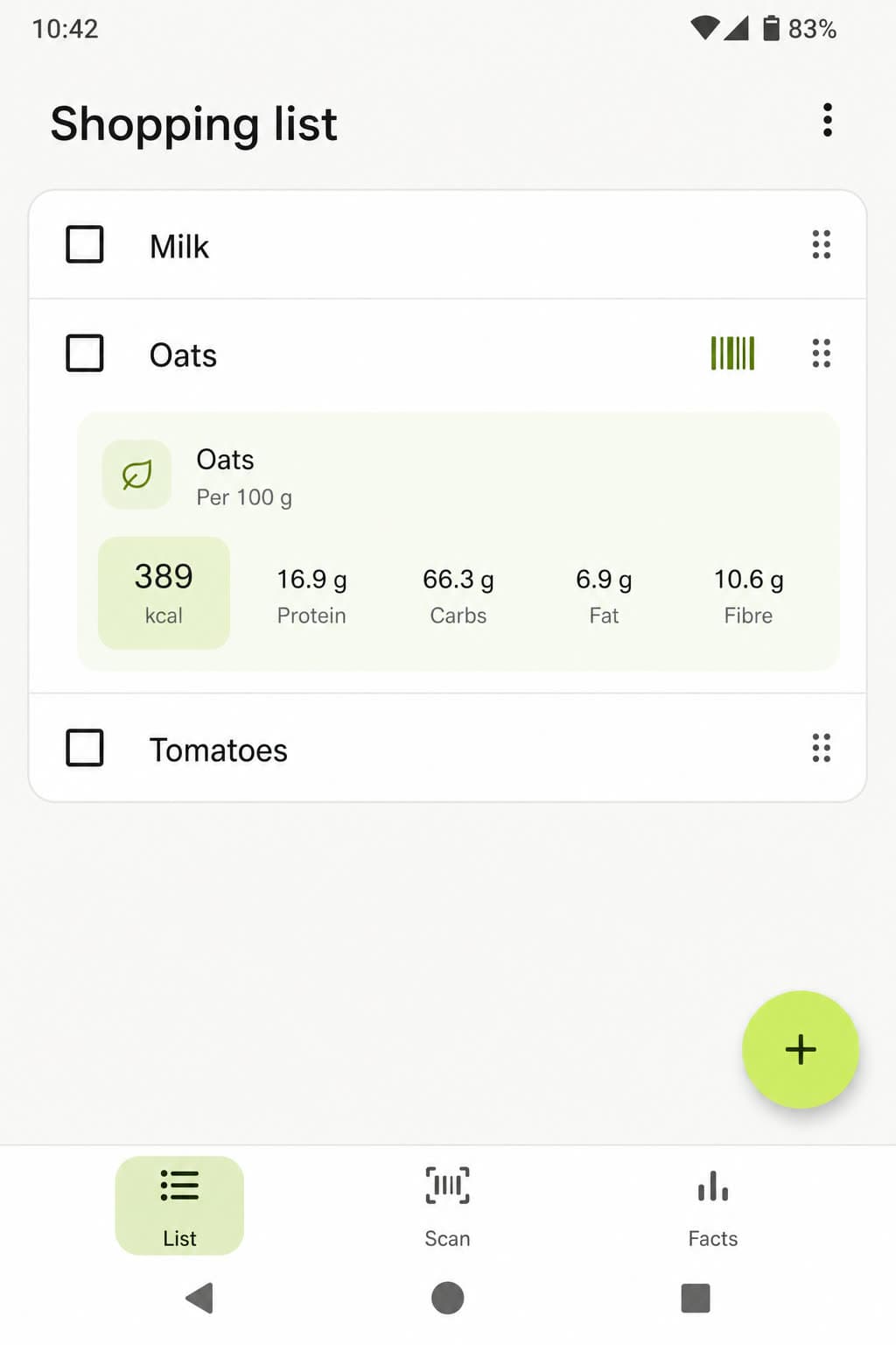 Android shopping list with a scanned oats nutrition card