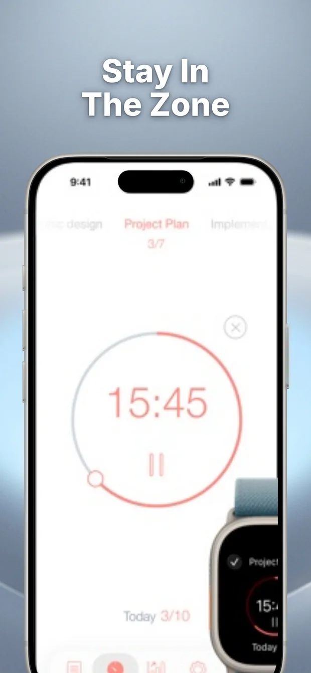 The same focus timer screenshot rebuilt by Screenshot Studio: the headline “Stay In The Zone”, custom background art, and an iPhone frame