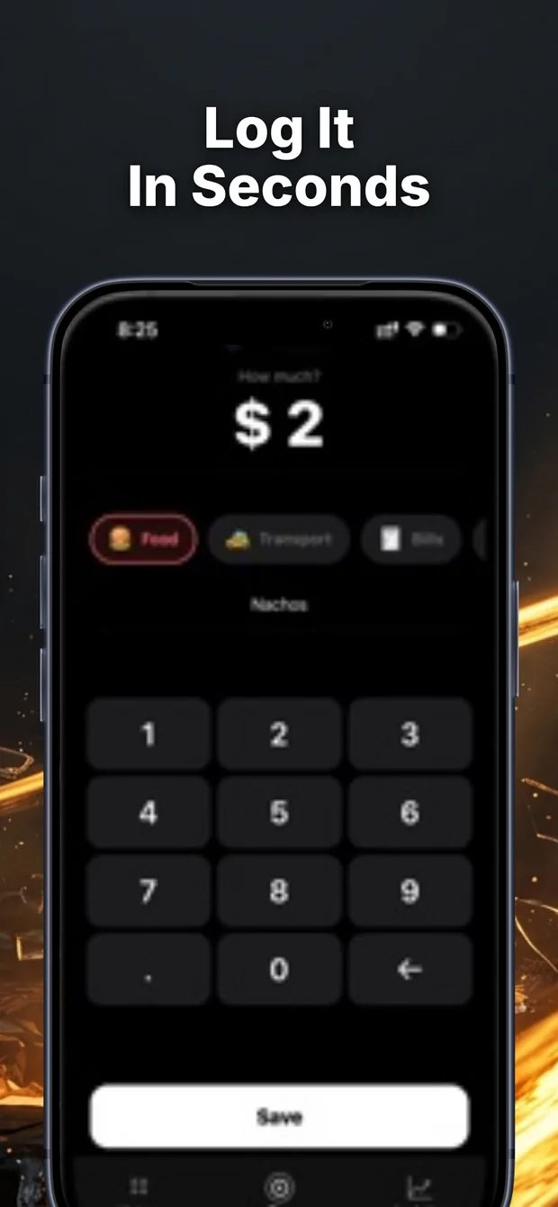 The same expense tracker screenshot rebuilt by Screenshot Studio: the headline “Log It In Seconds”, custom background art, and an iPhone frame