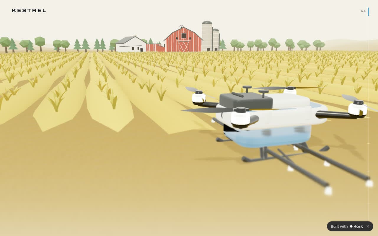 Kestrel K4 product page showing a drone flying over a 3D cornfield