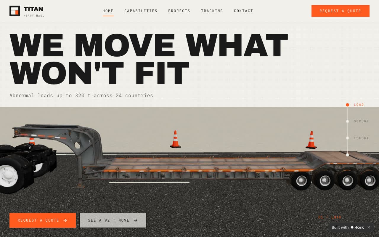 TITAN Heavy Haul website with the headline We move what won't fit and a 3D trailer