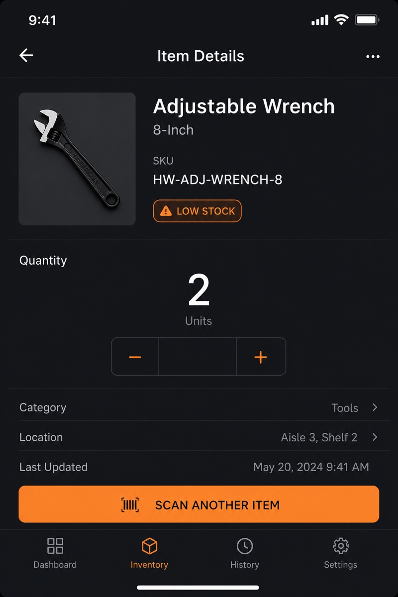 Scan a barcode to adjust quantity and catch low stock.