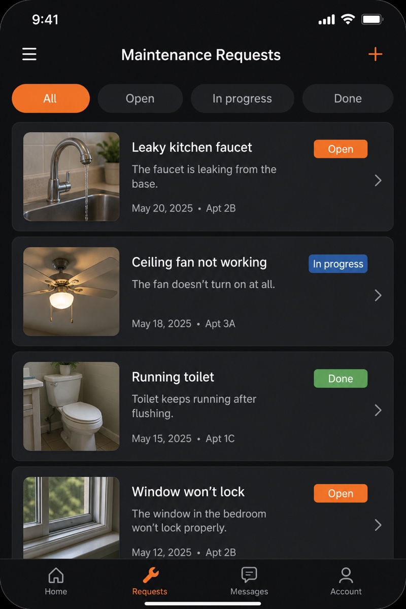 Maintenance requests with a photo and a status for each.